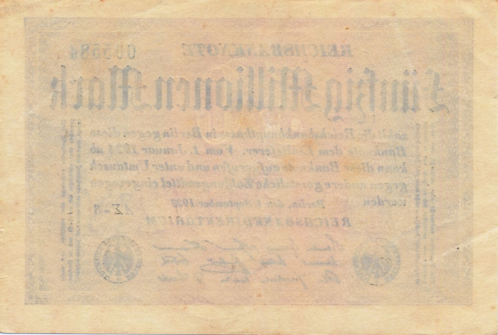 Deutschland Deutsches Reich 50 Millionen Mark Reichsbanknote 1923 KN