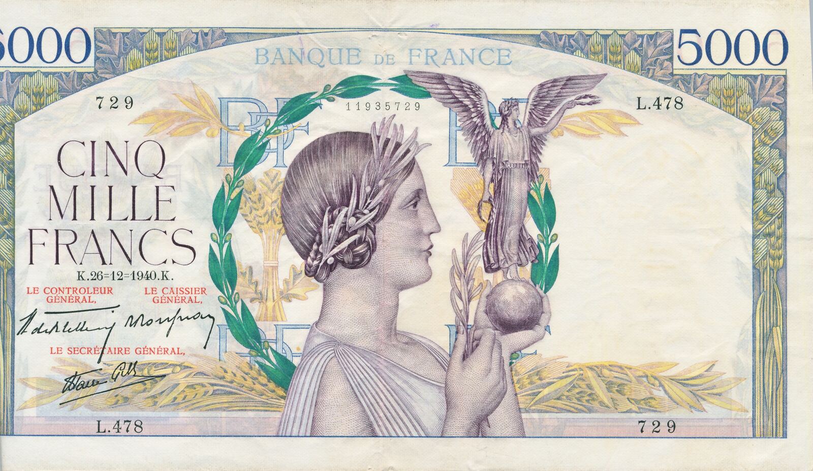 Frankreich 5000 Francs 1940 K Geldschein Banknote Victoire VF MA Shops