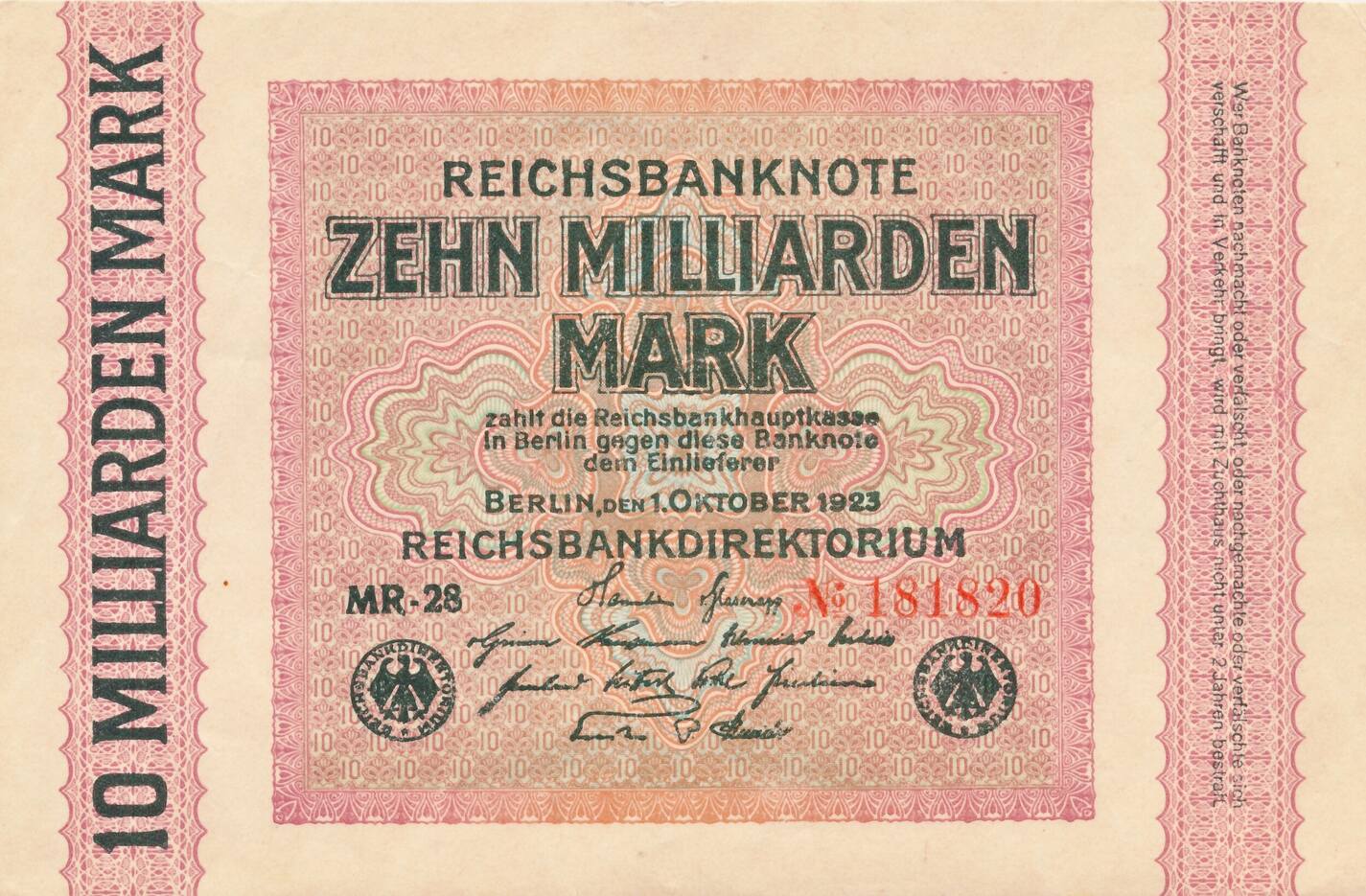 Deutschland Deutsches Reich Milliarden Mark Reichsbanknote