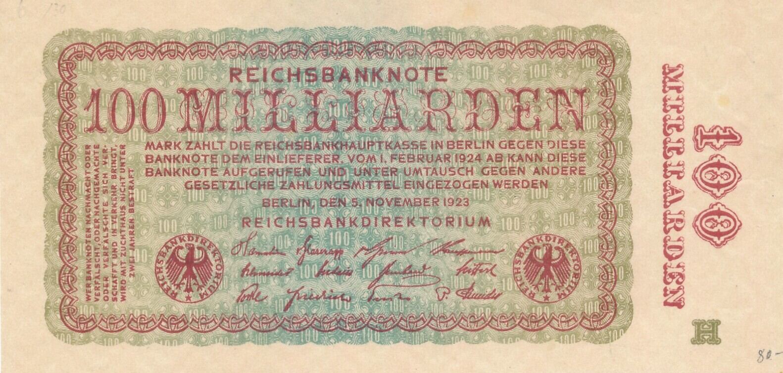 Deutsches Reich Deutschland 100 Milliarden Mark Reichsbanknote 1923