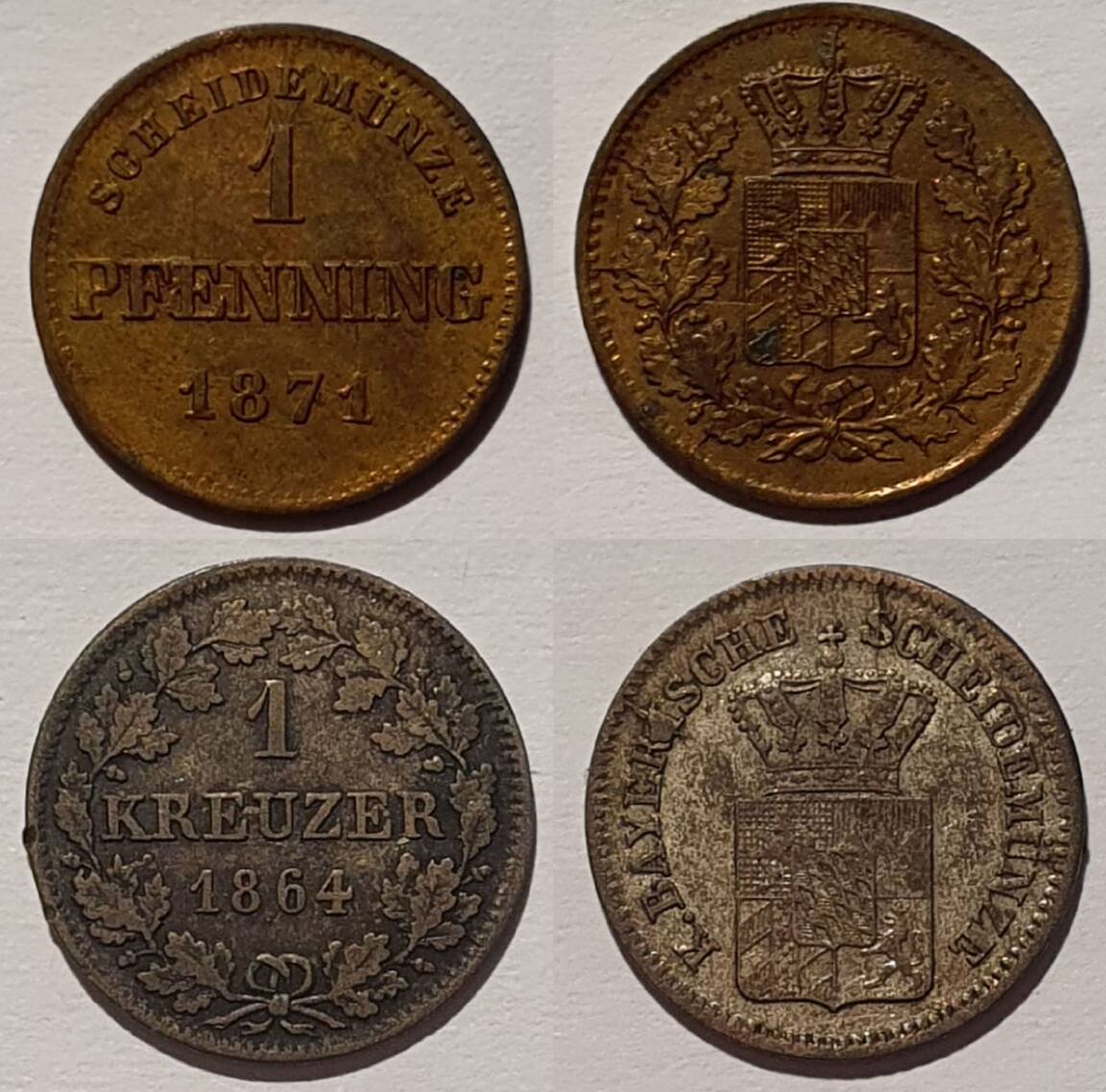 Deutschland Altdeutschland 1 Pfenning 1864 1871 Bayern 2 Münzen VF