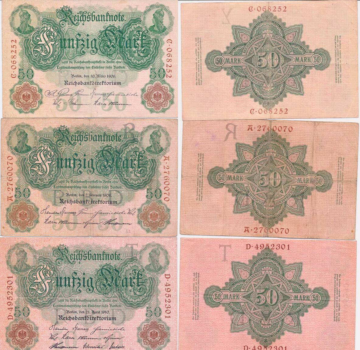 Deutsches Reich Deutschland 50 Mark Reichsbanknote 1906 1908 1910 3x