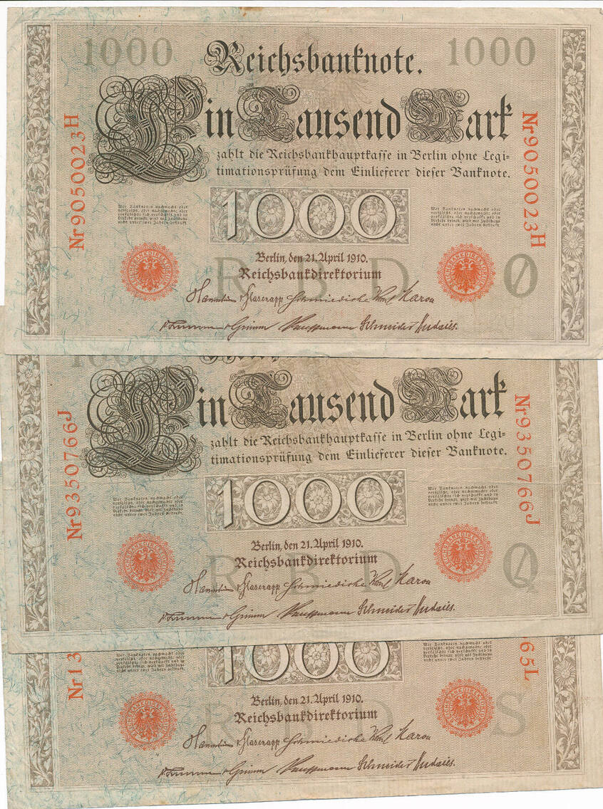 1000 Mark 1910 3 Stück Banknoten Geldscheine Deutsches Reich gebraucht