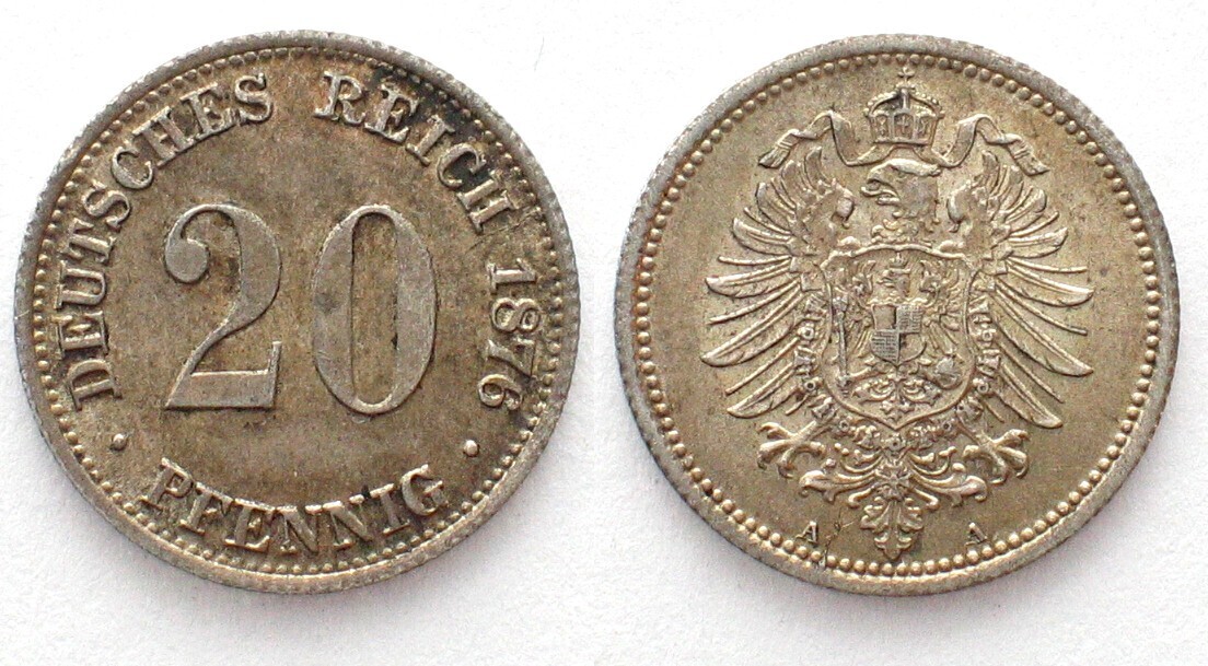 Deutschland Kaiserreich Germany EMPIRE 20 Pfennig 1876 A Silver AU