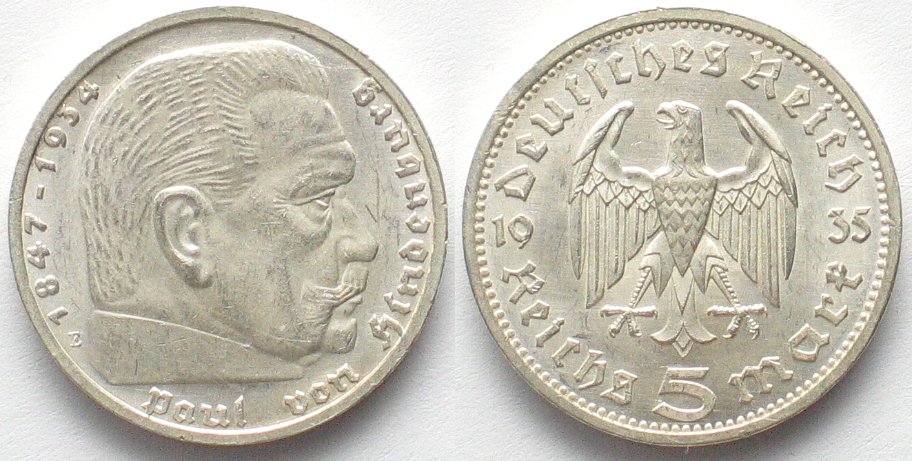 Deutschland Drittes Reich Germany THIRD REICH 5 Mark 1935 E