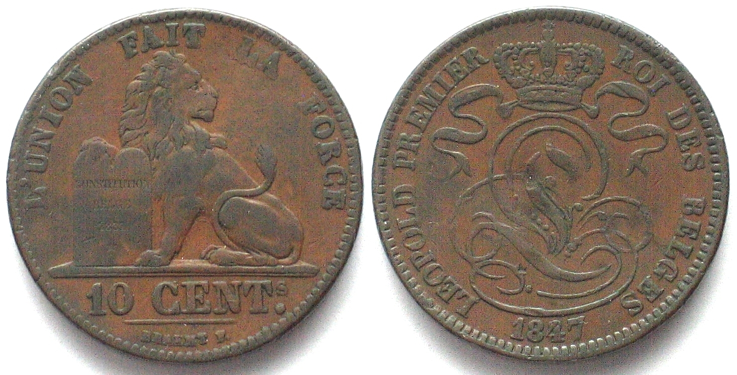 Belgien BELGIUM 10 Centimes 1847 37 LEOPOLD I Copper AXF SCARCE YEAR