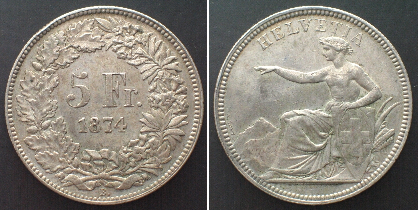 Schweiz SWITZERLAND 5 Francs 1874 B SEATED HELVETIA Silver UNC