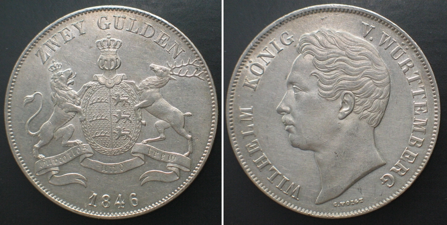 Württemberg Germany WURTTEMBERG 2 Gulden 1846 WILHELM I silver UNC