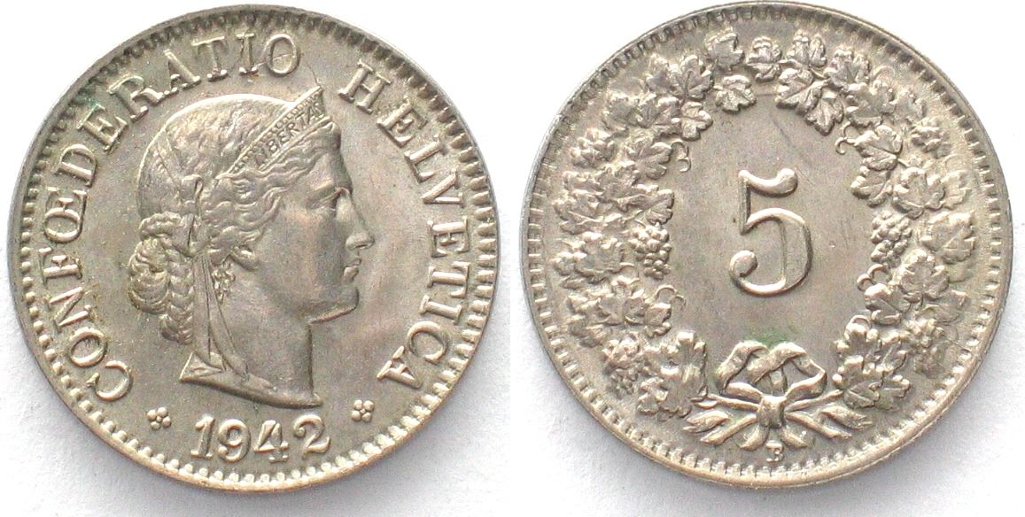 Schweiz SWITZERLAND 5 Rappen 1942 Cu Ni BU MA Shops