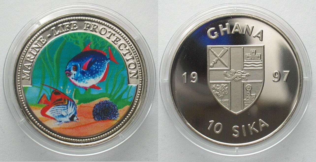 GHANA 10 Sika 1997 Fishes MARINE LIFE PROTECTION Cu Ni Proof COLORED PP