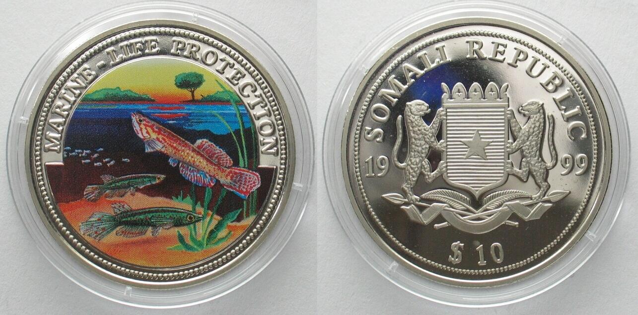 SOMALIA 10 Dollars 1999 Fishes MARINE LIFE PROTECTION Cu Ni COLORED