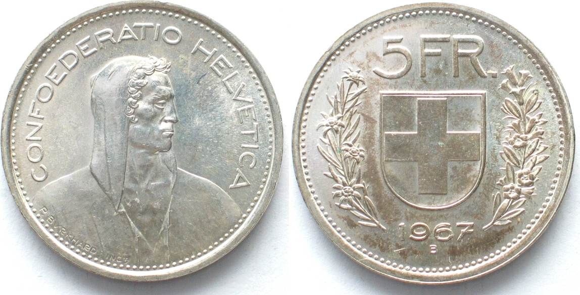 Schweiz SWITZERLAND 5 Francs 1967 DOMINUS At 2 O Clock Silver SCARCE