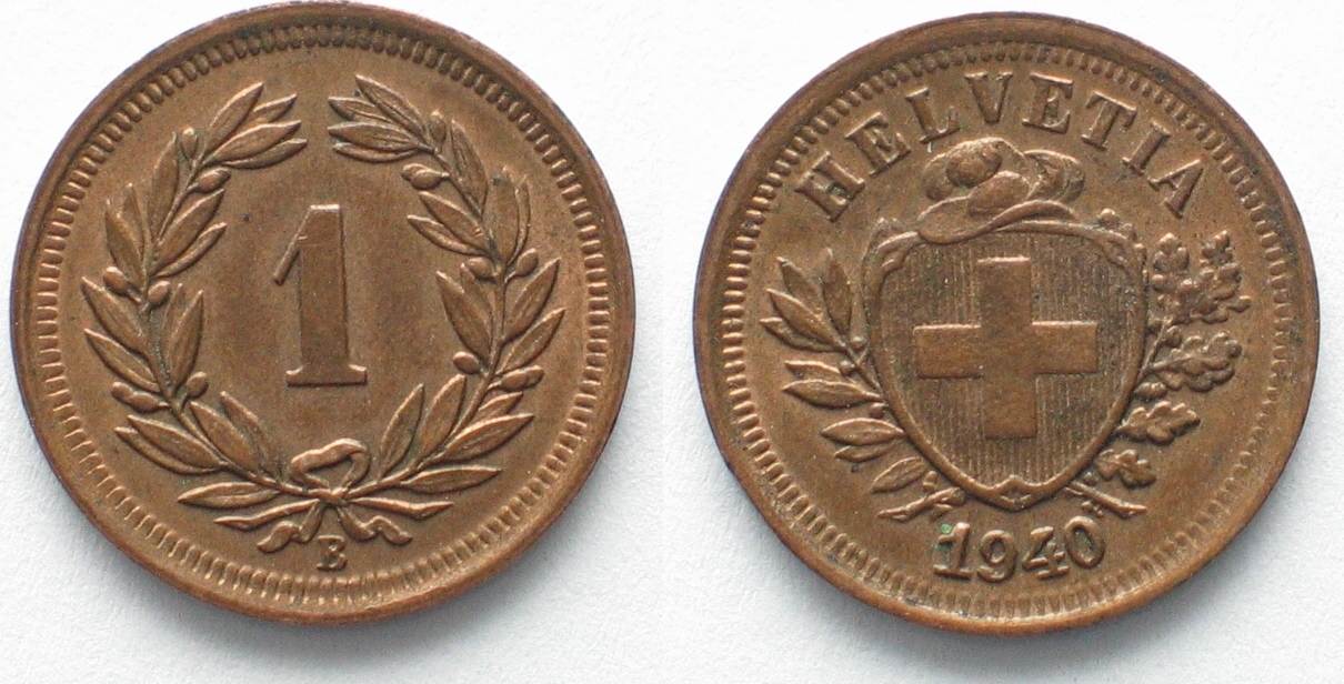 Schweiz SWITZERLAND 1 Rappen 1940 Bronze XF UNC 98632 EF UNC MA