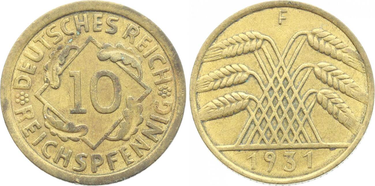 Weimarer Republik 10 Reichspfennig 1931 F Fleckig VF MA Shops