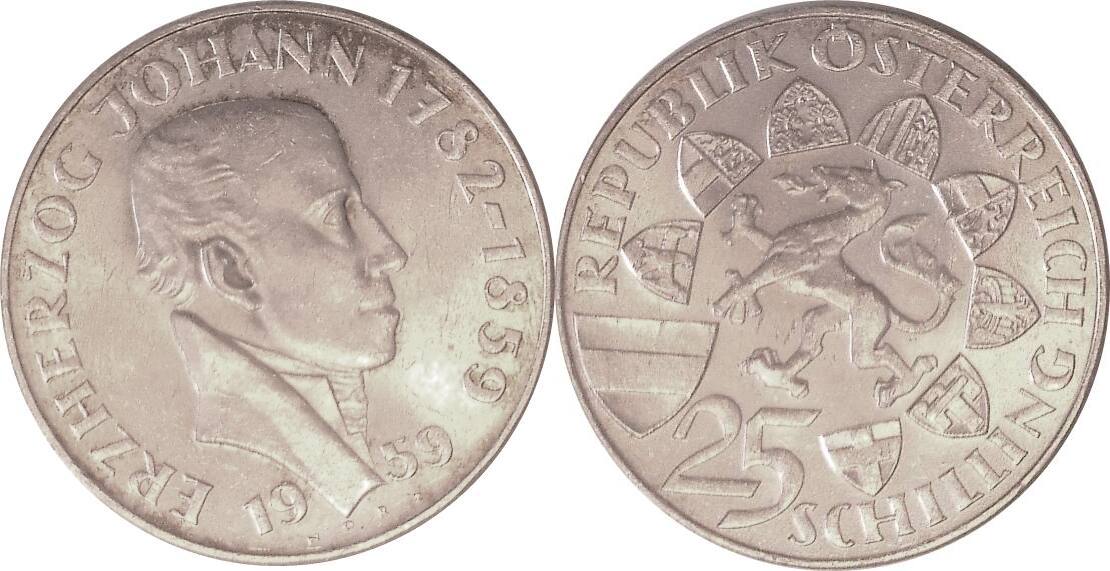 Österreich 25 Schilling 1959 100 Todestag von Erzherzog Johann VF MA