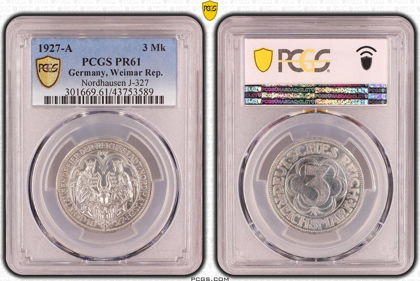 Germany Weimar Rep 3 Mark 1927 A Nordhausen PCGS PR61 MA Shops