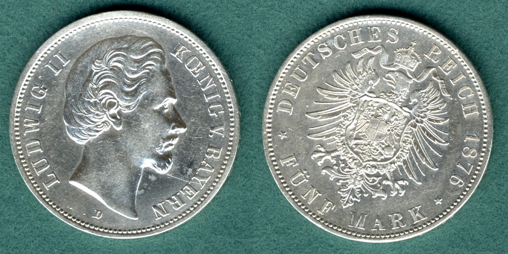 Bayern Ludwig II. 5 Mark 1876 D ss/vz 