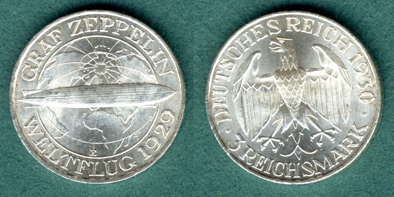 Weimarer Republik Graf Zeppelin 3 Reichsmark 1930 E vz/stgl. 