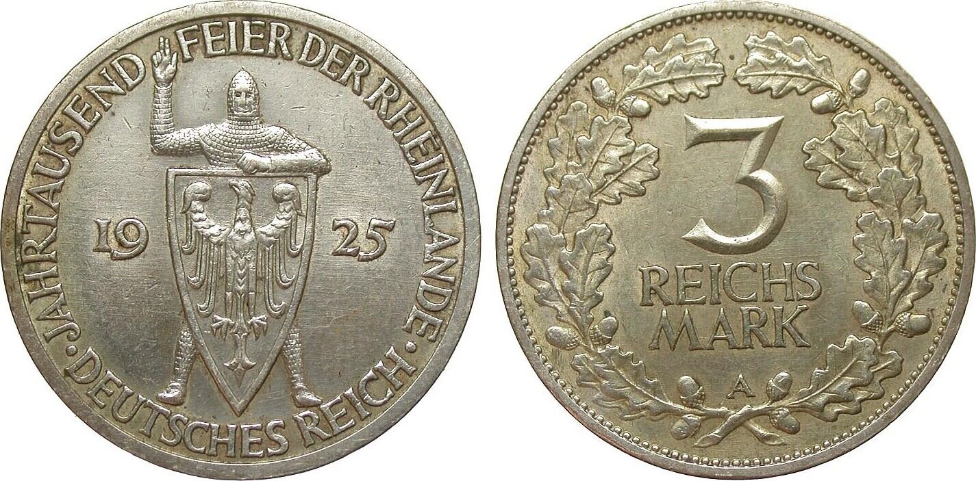 Weimarer Republik 3 Mark Rheinlande 1925 A fast vorzüglich MA Shops