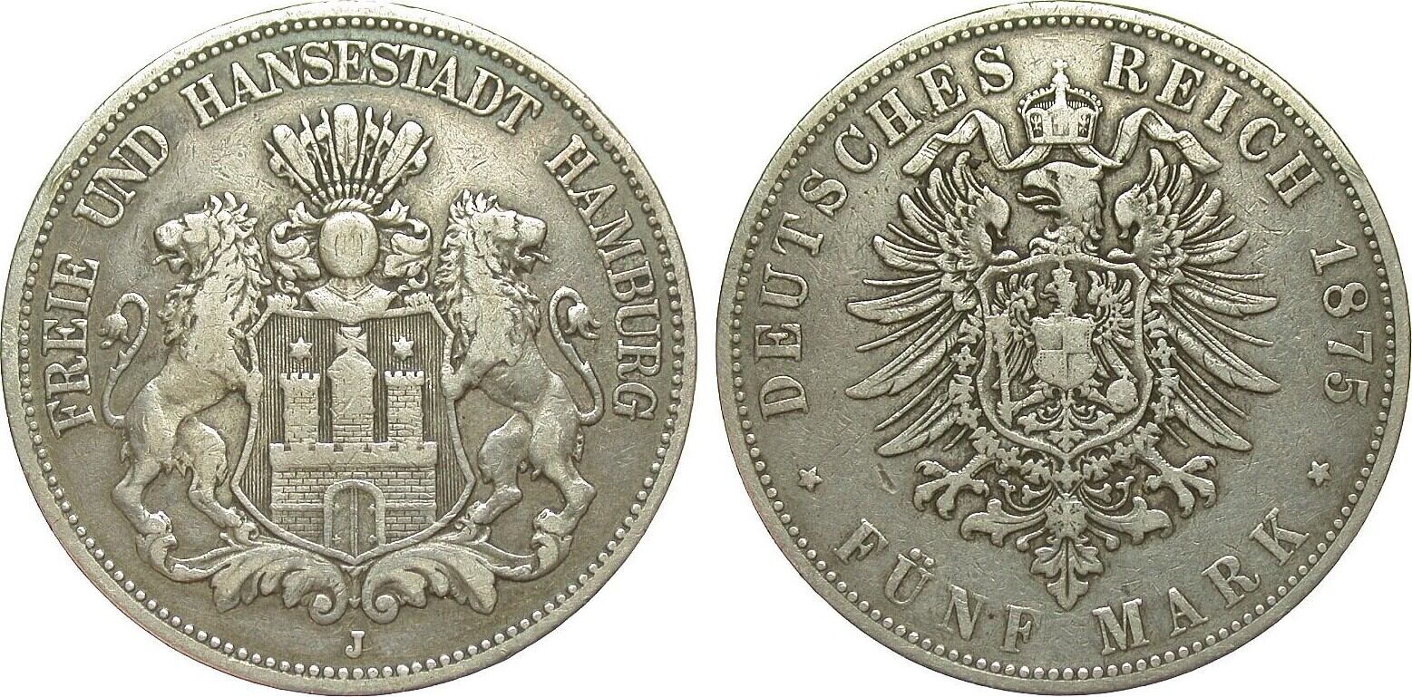 Kaiserreich 5 Mark Hamburg 1875 J VF MA Shops