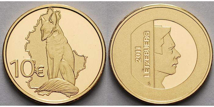 Luxemburg Renert, (Fuchs) inkl. Etui & Zertifikat & Schuber 10 Euro<br>3,11g<br>fein<br>16 mm Ø 2011 <b>PP</b><br>Etui & Zertifikat