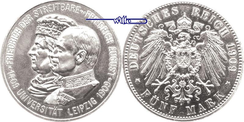 Sachsen Friedrich August III. 1904-1918, Universität Leipzig 5 Mark 1909 fast stempelglanz 