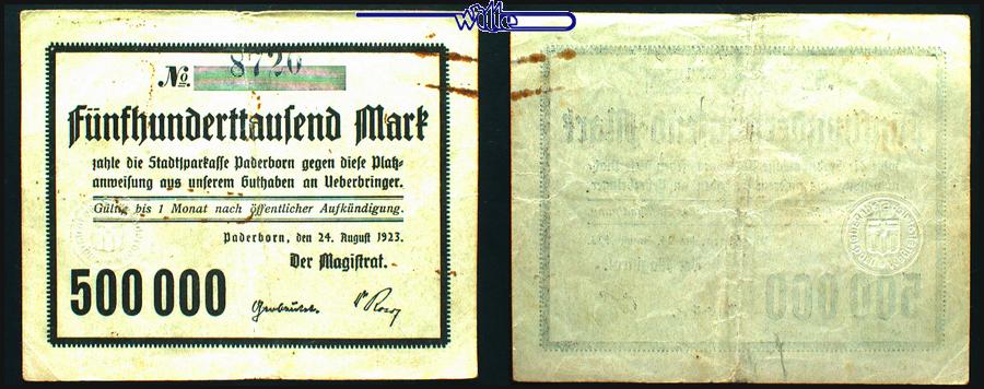 Paderborn, Kreisstadt 11.Ausgabe Notgeld Paderborn 500 000 Mark  III-IV 1923.10.24