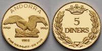 Andorra 5 Diners<br>1,55g fein<br>13,92 mm Ø Adler, inkl. Kapsel und MDM-Zertifikat, <b>1.Mz i.Gold 5 Diners</b>, <b>RAR</b>