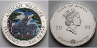Sambia/Zambia 5000 Kwacha 1 oz Ø 39 mm Elefant - African Wildlife 5. Ausgabe farbig in Kapsel