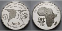 Kongo(Kinshasa) 1000 Nouveaux Zaires Zaire FIFA Fußball WM Frankreich 1998 Eiffelturm und Weltkugel,m. kl. MDM Zerti.