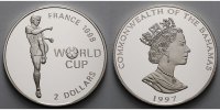 Bahamas 2 Dollars FIFA Fußball WM Frankreich 1998 Außenrist, mit kleinem MDM Zertifikat