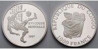 Kongo 1000 Francs FIFA Fußball WM Frankreich 1998 Fallrückzieher, mit kleinem MDM Zertifikat