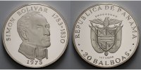Panama 20 Balboas,<br> 62 mm Ø, <br>119,88 g.fein Simon Bolivar (1783-1830) in der originalen Kapsel,