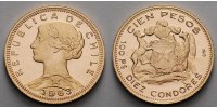 Chile 100 Pesos<br>10 Condores<br>18,29 fein,<br>30,87mm Chile Republik, Landesname in breiten Buchstaben ohne Serifen,