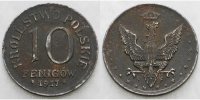 Geplantes Königreich Polen 1916-1918 10 Fenigow Schrift vom Randstab entfernt, leicht korrodiert,