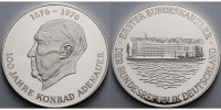 Deutschland 50,83g fein<br> 50mm Ø Medaille in Silber 100 Jahre Konrad Adenauer 1876-1976
