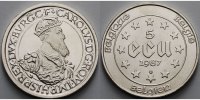 Belgien 22,96g roh 37mm Ø 5 ECU Belgien 1987, 1. Ecu-Münze weltweit, Kaiser Karl V., -Archivbild-