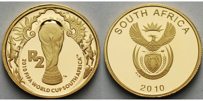 Süd-Afrika Fußball Weltmeisterschaft 2010 in Südafrika, inkl. Kapsel & Zertifikat & Etui 1/4 oz.<br>7,78g<br>fein,<br>2 Rand<br>22 mm Ø 2010 <b>PP</b> 