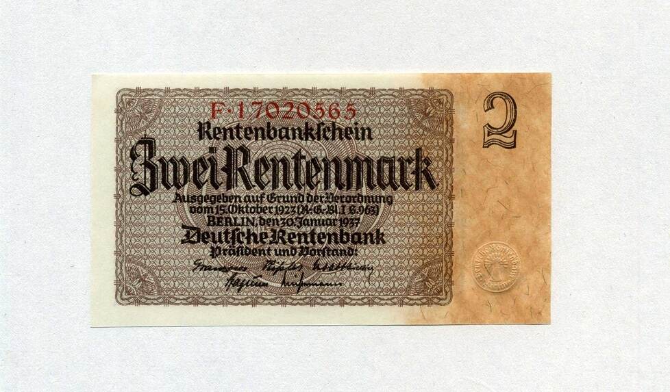Deutsche Rentenbank 2 Rentenmark 30.1.1937 Ros.167b - Serie F - unc ...