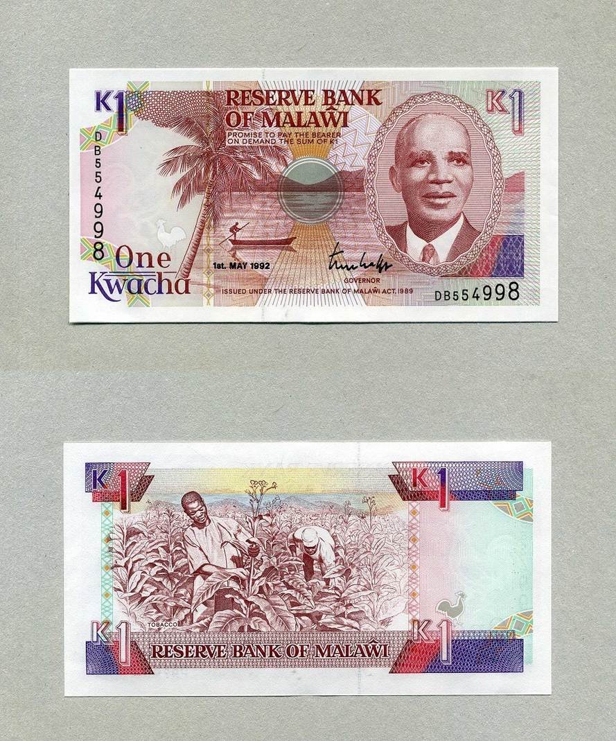 1992 p. Банкнота Малави 1 квача 1992. 1 Kwacha. Малавия деньги.