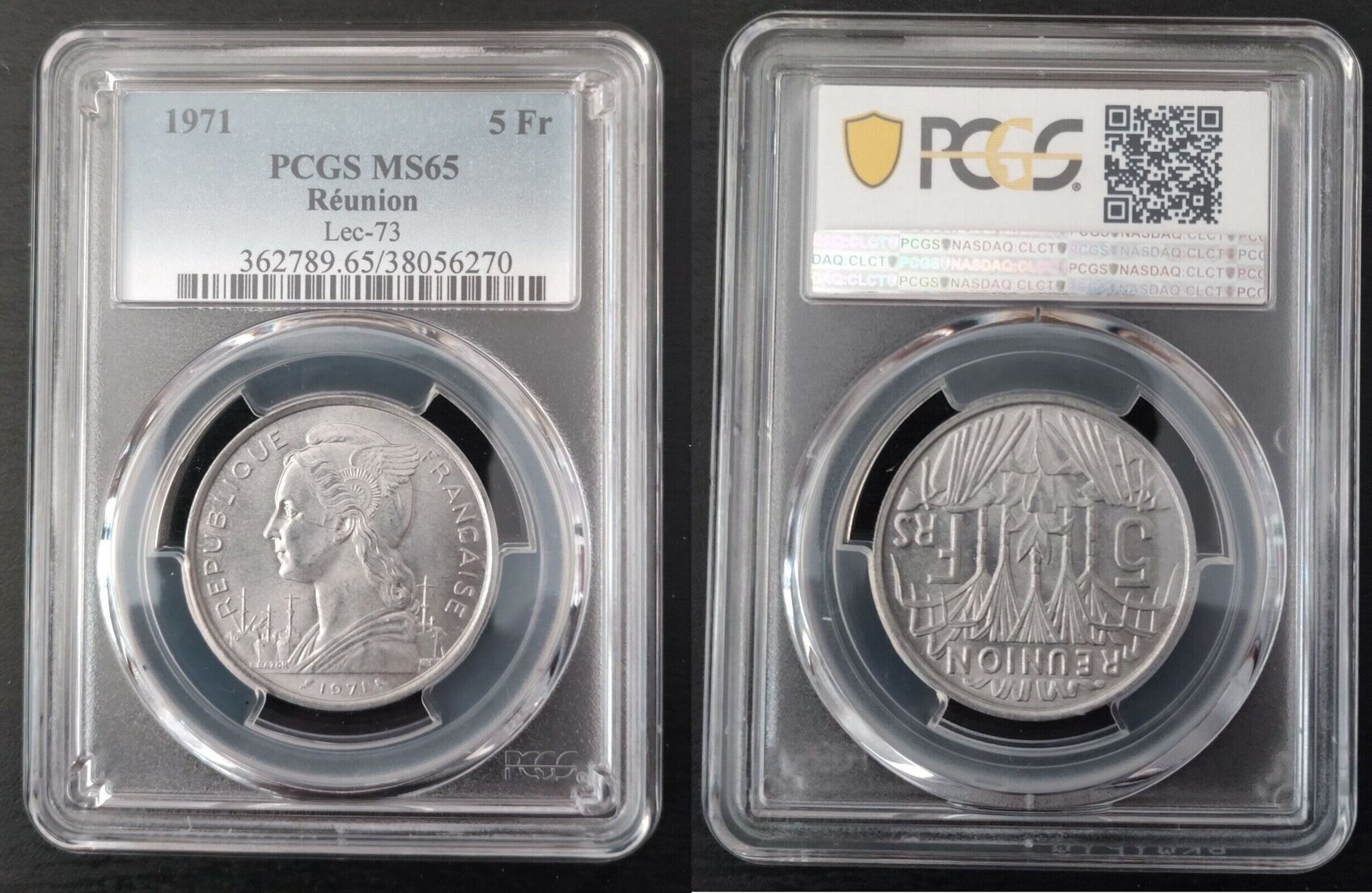 5 FRANCS 1971 REUNION EXTREMELY RARE UNC COIN YEAR KM 9 PCGS