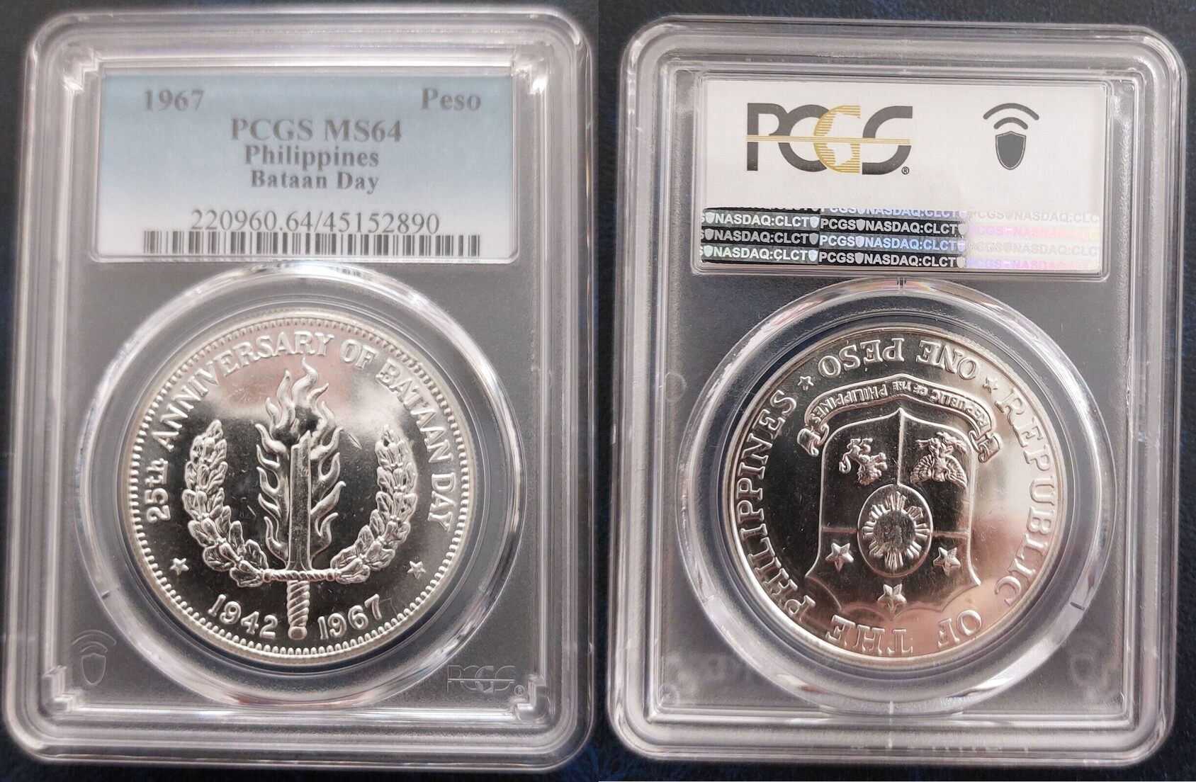 1 PESO 1967 PHILIPPINES SILVER UNC COIN YEAR KM#195 BATAAN DAY PCGS GRADING  MS64