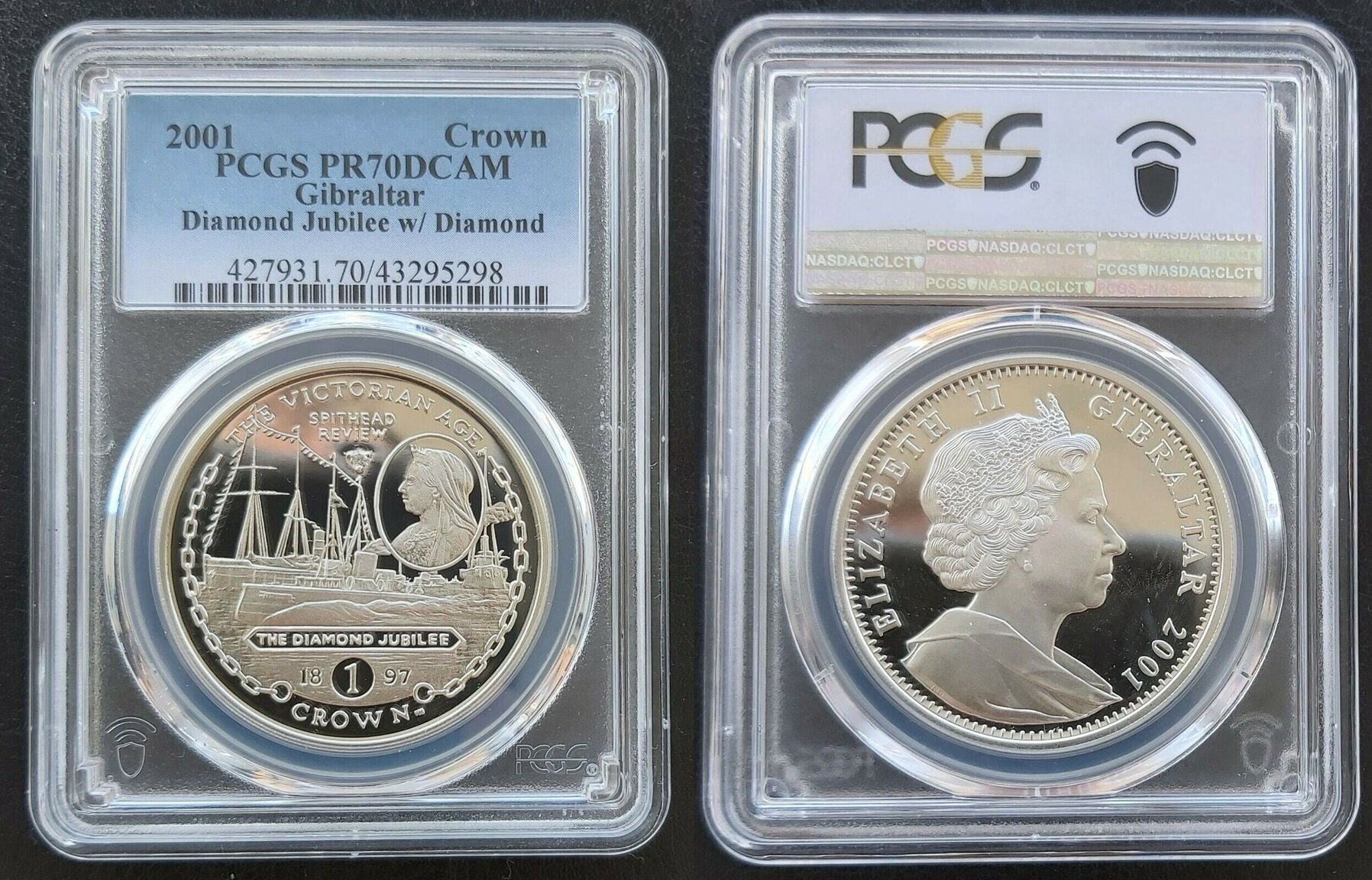 1 CROWN 2001 GIBRALTAR SILVER PROOF COIN YEAR WITH DIAMOND PCGS PR70   Combined3178 