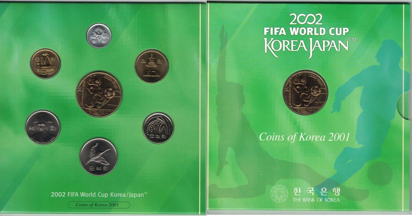 1000 WON 2002 SOUTH KOREA 7 DIF UNC COINS SET 1 - 2001 YEAR JAPAN FIFA  WORLD CUP