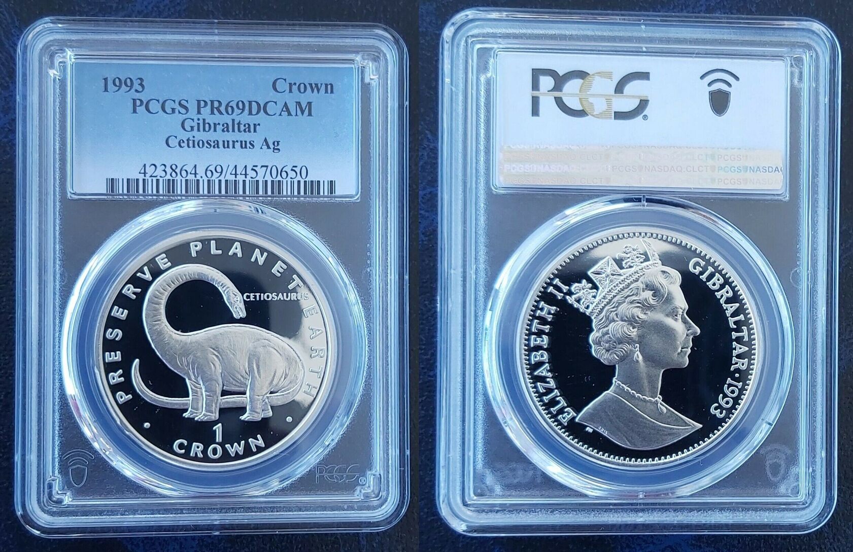 1 CROWN 1993 GIBRALTAR SILVER PROOF COIN KM#149a CETIOSAURUS PCGS PR69 ...