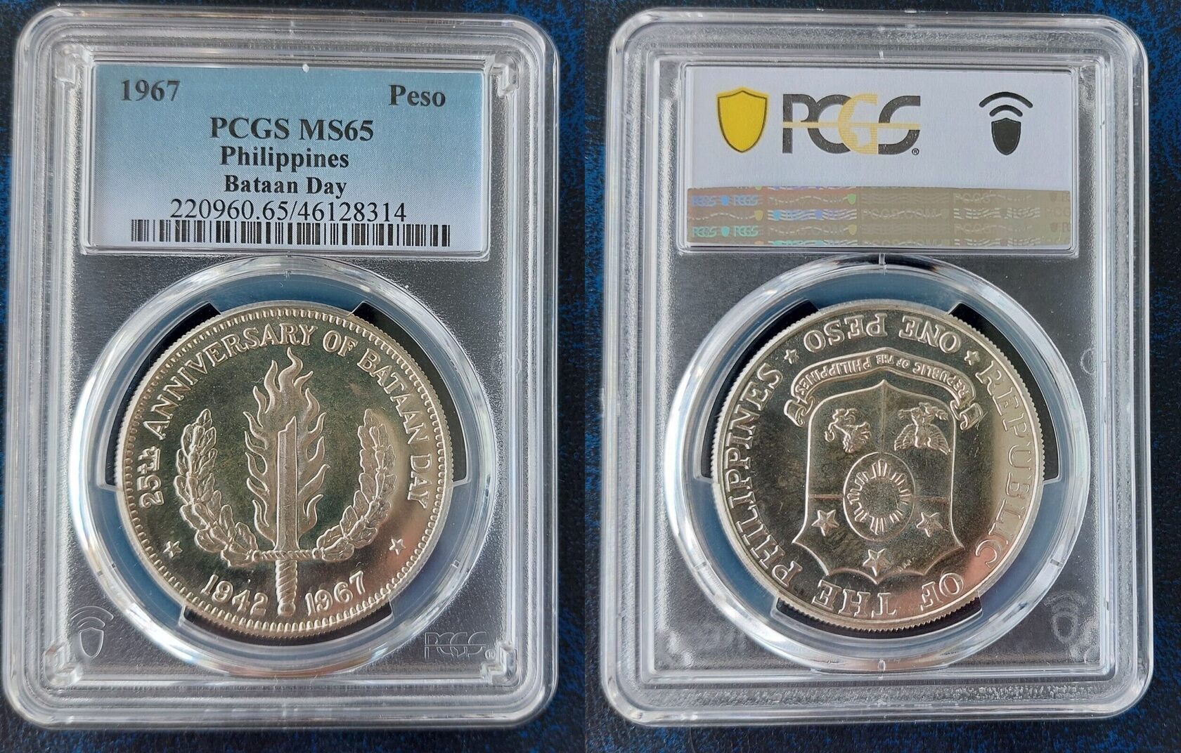 1 PESO 1967 PHILIPPINES SILVER UNC COIN YEAR KM#195 BATAAN DAY PCGS GRADING  MS65