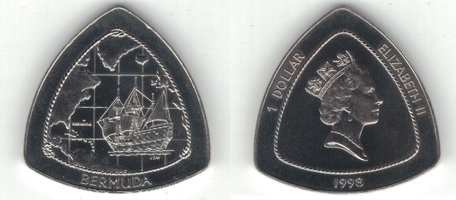 1998 BERMUDA TRIANGULAR 1 UNC COIN YEAR KM 104 SHIP DELIVERANCE