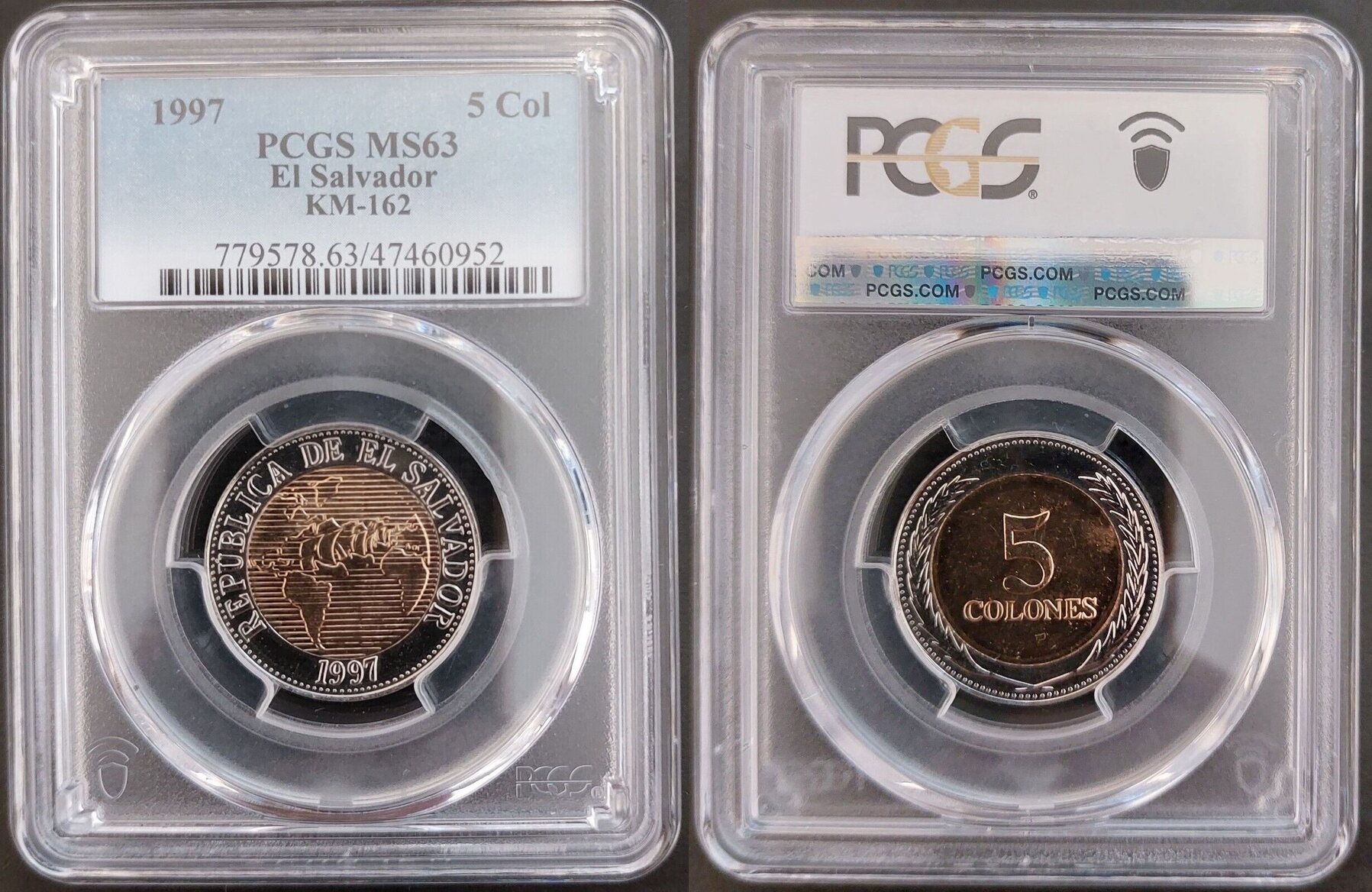 5 COLONES 1997 EL SALVADOR RARE BIMETAL UNC COIN YEAR SHIP KM#162 PCGS ...