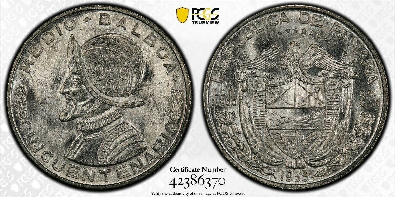 1/2 BALBOA 1953 PANAMA SILVER UNC COIN YEAR KM#20 50th ANNIVERSARY PCGS ...