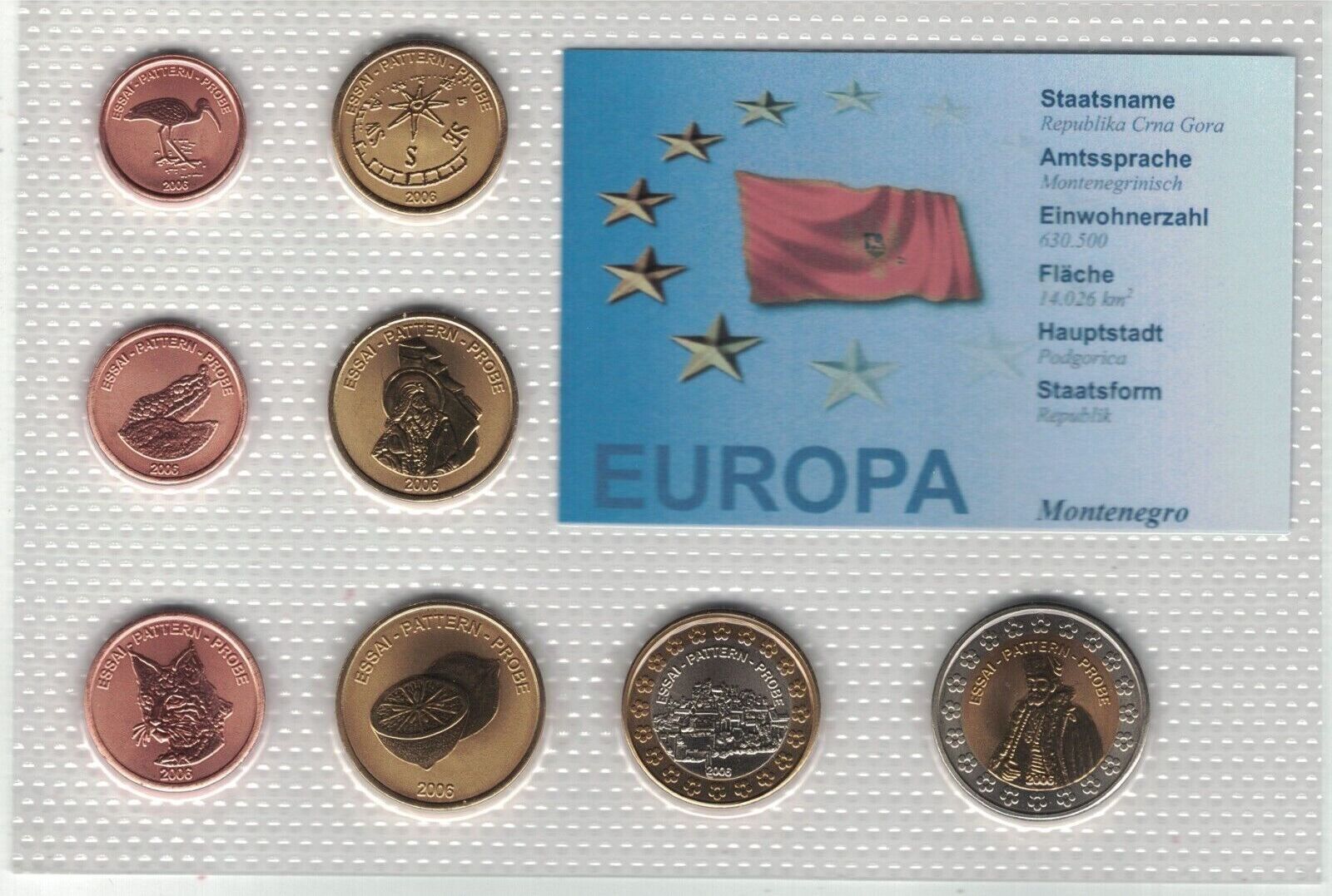 1 CENT 2006 MONTENEGRO 8 DIF UNC SET 2 EURO YEAR PATTERN ESSAI PROVA 1-cent-2006-montenegro-8-dif-unc-set-2-euro-year-pattern-essai-prova